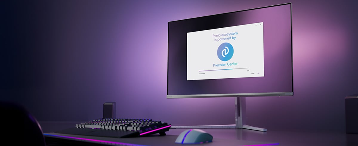 Philips Evnia monitor set up for Precision center