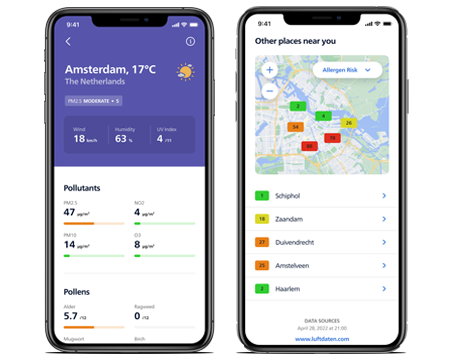 Phone screens showing outdoor data in Air+ app