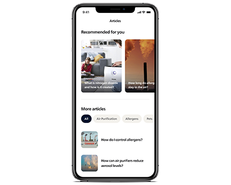 Philips Air+ app screen with article recommendations